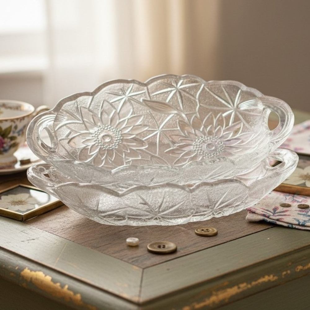 Indiana Glass Sunflower Tray, Pons Butter‎ Dish, Serving Candy Dish, Set of 2